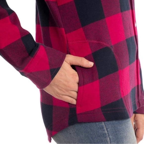Orvis Fleece Lined Flannel Shacket Snap Button up Pink Navy checkered Medium - Picture 6 of 16